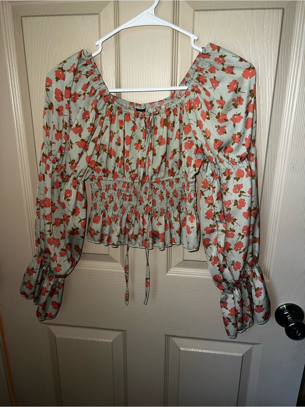 SHEIN Sage Green Peasant Blouse with Coral Floral Print
